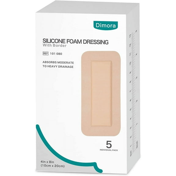 Dimora Silicone Foam Dressing with Border Adhesive 4"x8" Waterproof Wound Dressing Bandage for Wound Care 5 Pack