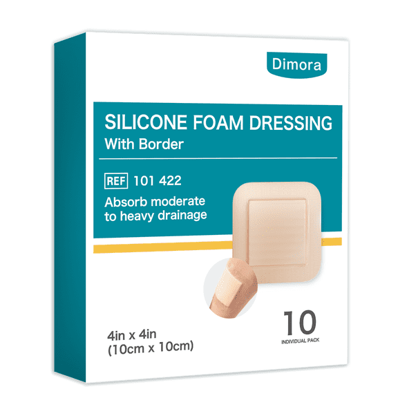 Dimora Silicone Foam Dressing with Border, 4"x4" Waterproof Adhesive Bandages for Bed Sore & Wound Care, FSA & HSA Eligible, 10 Pack