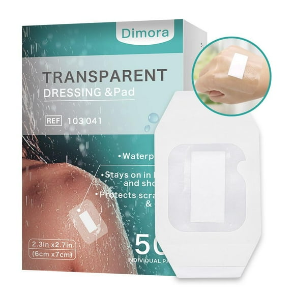 Dimora Transparent Film Dressing with Pad, Waterproof Wound Dressing, Adhesive Clear Bandages, Wound Cover for IV Shield, Tattoo Aftercare Bandage, 50 Pack, 2.3"x2.7"