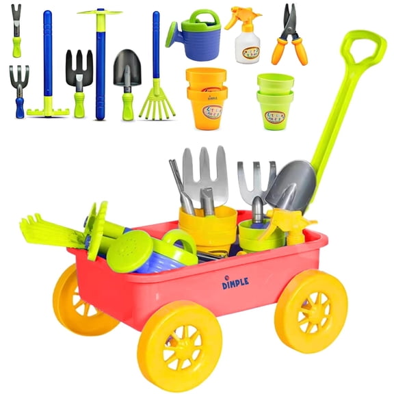Dimple 15-Piece Garden Wagon and Tool Set for Kids, Toddler Pretend Play Gardening Kit with 8 Tools, 4 Pots, Watering Pail & Spray Bottle, For Ages 3