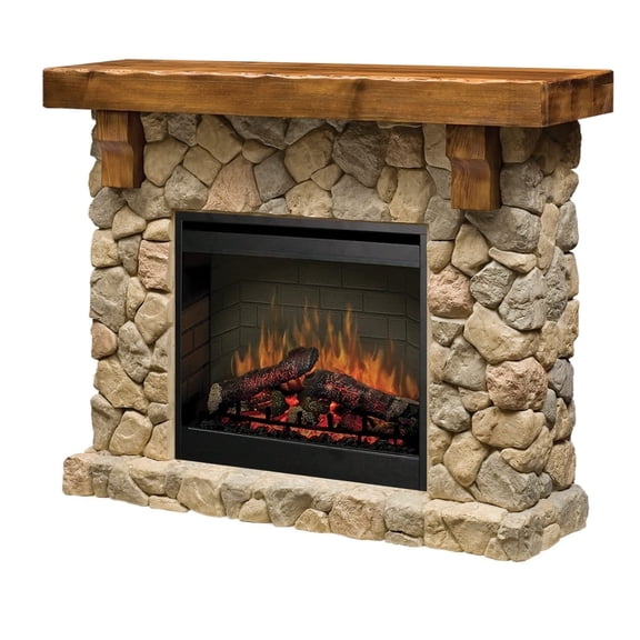 Dimplex Fieldstone 28" Electric Fireplace with Rustic Pine Mantel & Natural Stone-Look, 1500W Firebox Heater with Acrylic Ice & Remote Control