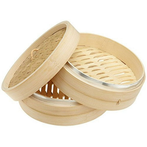 Dimsum High Tea 10" Diameter Bamboo Steamer - Stackable Two Baskets With One Lid