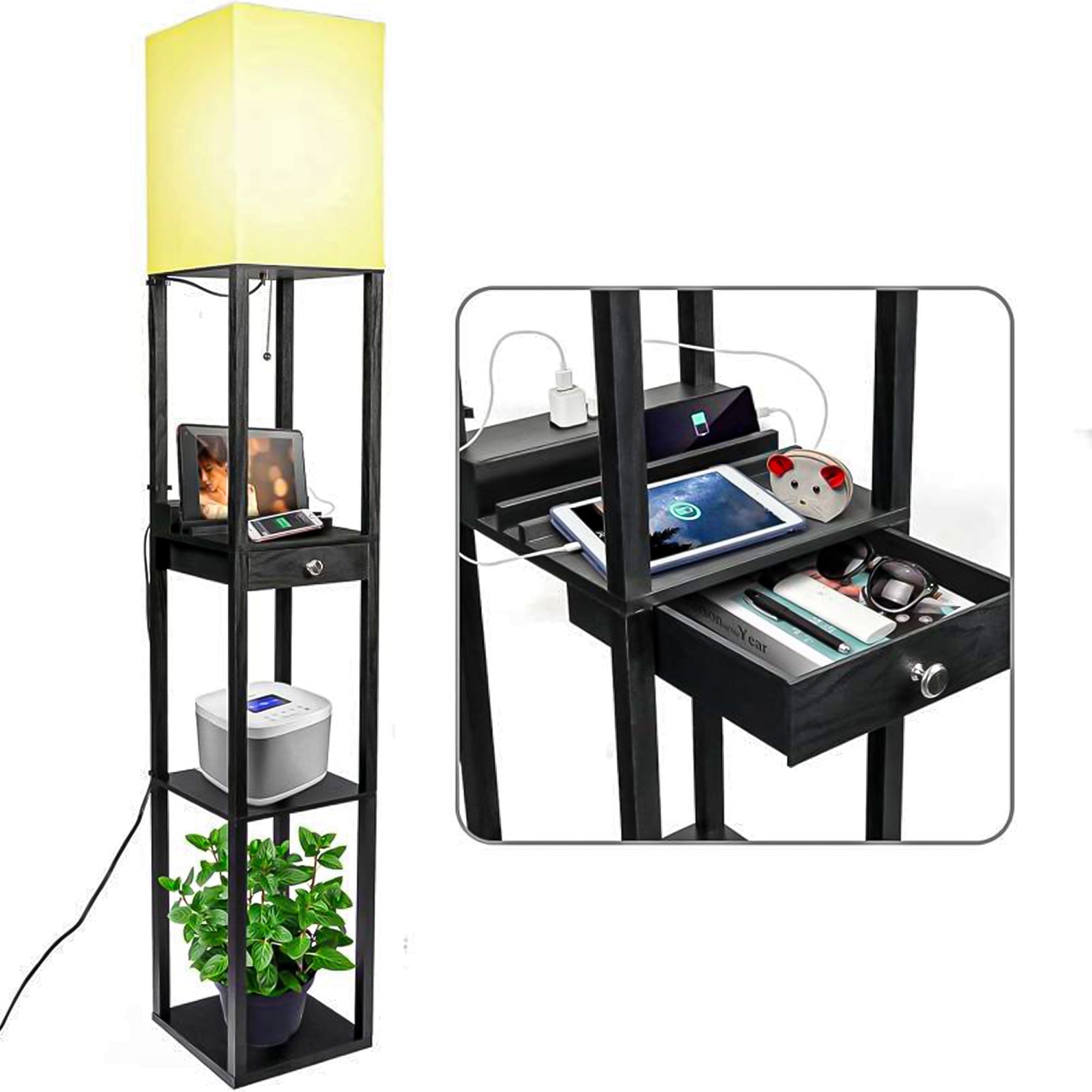 Dimunt Floor Lamp with Shelves -Modern Shelf Floor Lamps for Living Room with 1 Drawer & 2 USB Ports & 1 Power Outlet,  Bedroom Lamps with LED Bulb, Solid Wood  Standing Book Shelves Corner Lamp