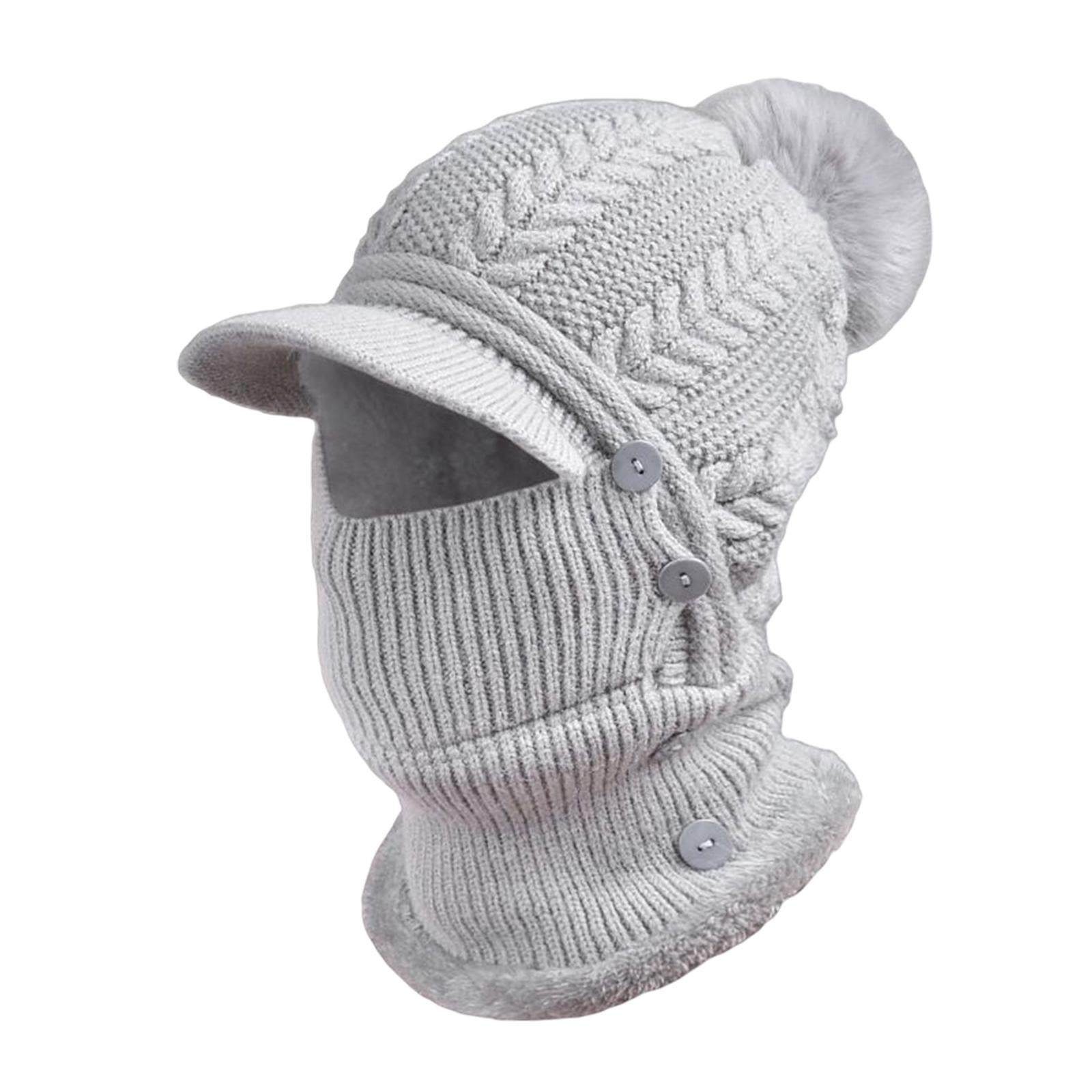 DimyFew Elastic Knitted Beanie Hat Neck Gaiter Breathable Button Warmer Winter Ski Mask Gray