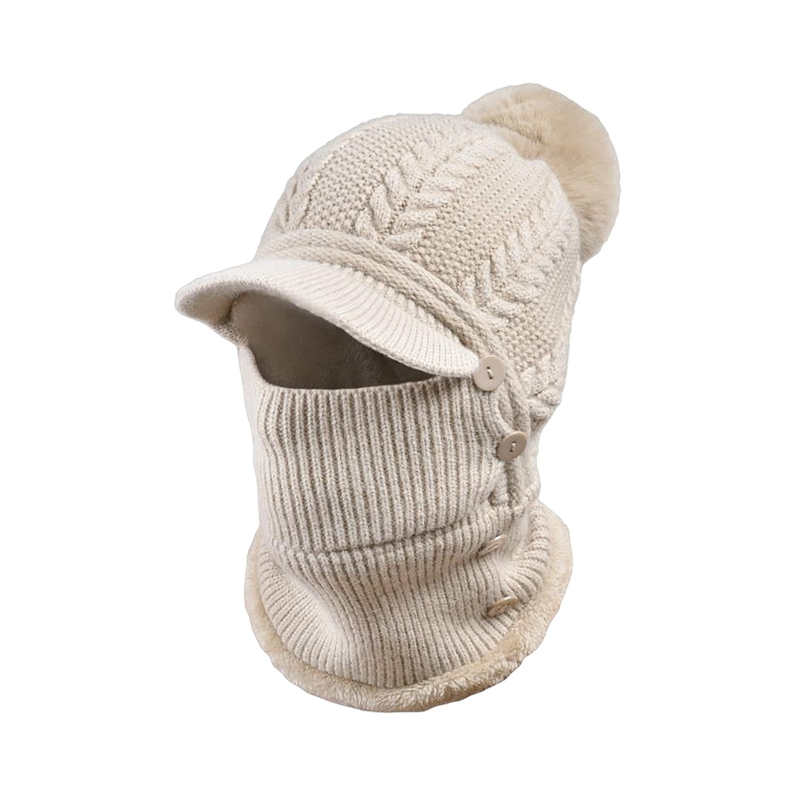 DimyFew Elastic Knitted Beanie Hat Neck Gaiter Breathable Button Warmer Winter Ski Mask Khaki