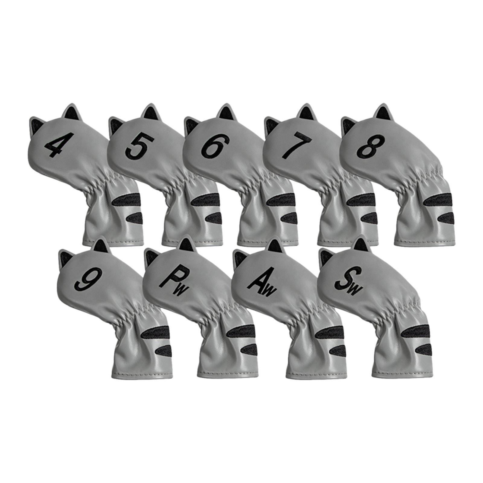 DimyFew Golf Club Head Covers Mallet Putter Cat Pattern Accessories Putter Cue Headcover 9pcs Iron Cue Grey