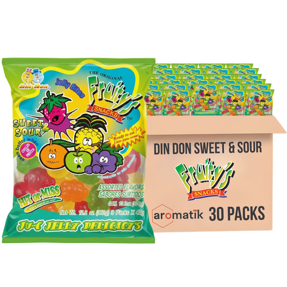 Din Don Fruity's S Snacks Ju-C Jellies Sweet & Sour Jelly Bites | 12.6 oz Bag, 30 Packs | Tangy & Sweet Flavor | Sour Jelly Snacks | Bulk Gummy Candy | Ships in an Aromatik Damage Proof Box