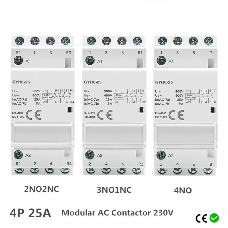 Din Rail Automatic Modular Household Contactor AC230V 4P 25A 4NO 2NO2NC 3NO1NC 50/60Hz
