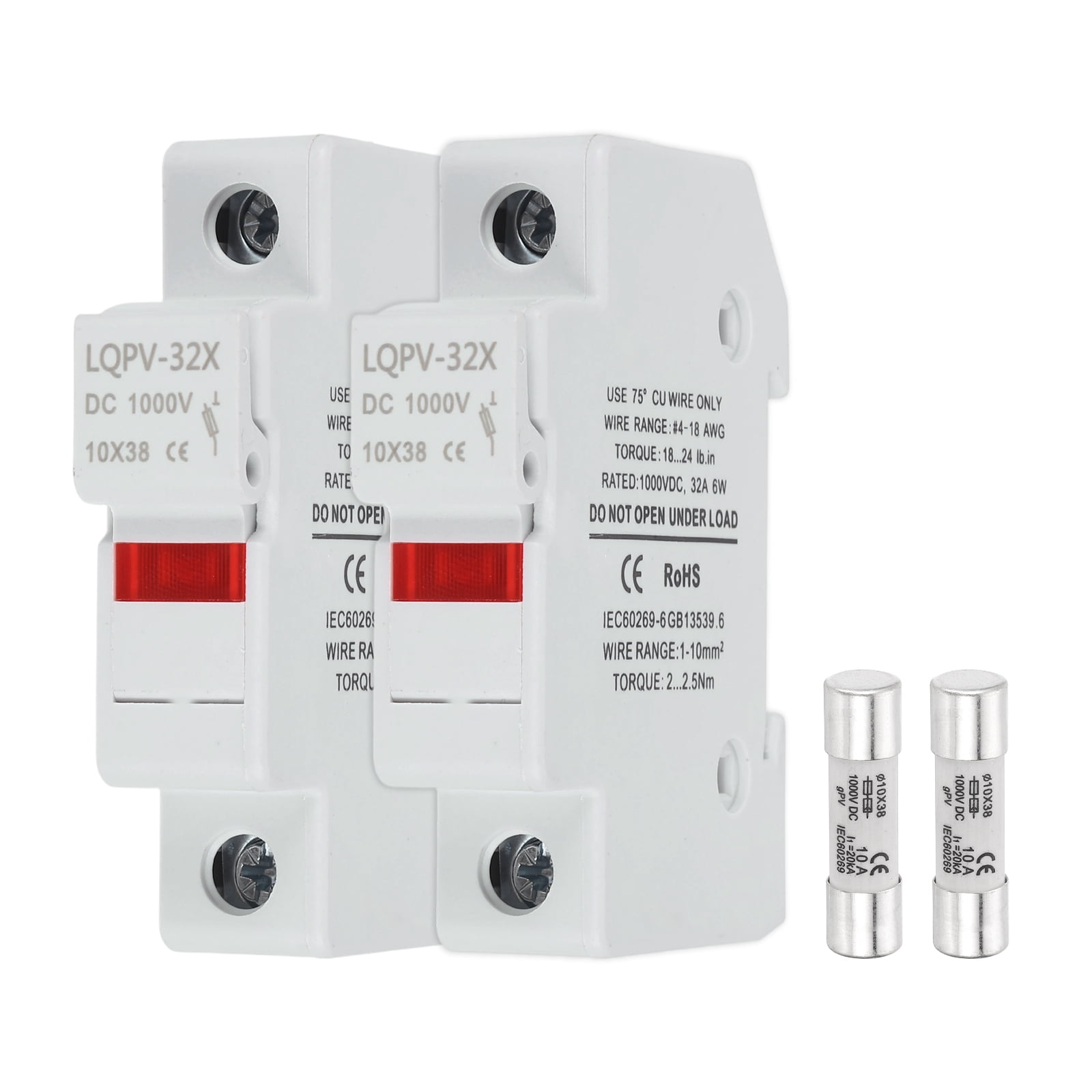 Din Rail Fuse Holder with 1 Core Block,10x38mm 4-18AWG Single Pole Solar/ Photovoltaic Fuse Holder DC 1000V 10A with Light Indicate for Solar PV Systems Battery Protect,Pack of 2