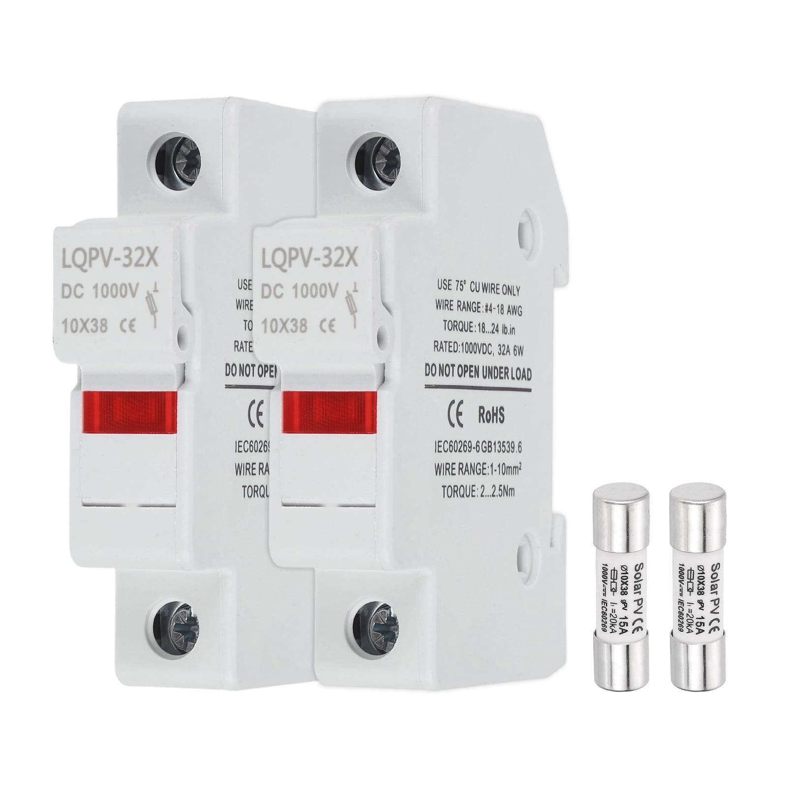 Din Rail Fuse Holder with 1 Core Block,10x38mm 4-18AWG Single Pole Solar/ Photovoltaic Fuse Holder DC 1000V 15A with Light Indicate for Solar PV Systems Battery Protect,Pack of 2