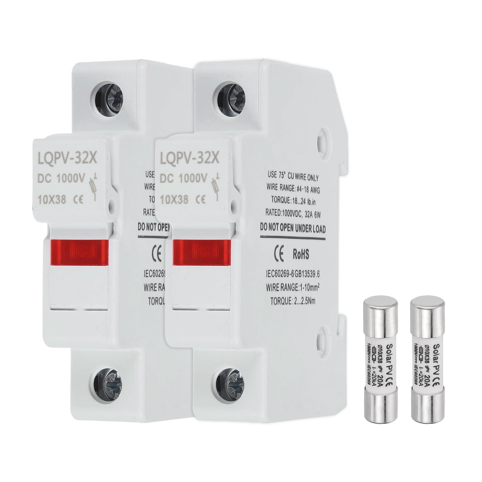 Din Rail Fuse Holder with 1 Core Block,10x38mm 4-18AWG Single Pole Solar/ Photovoltaic Fuse Holder DC 1000V 20A with Light Indicate for Solar PV Systems Battery Protect,Pack of 2