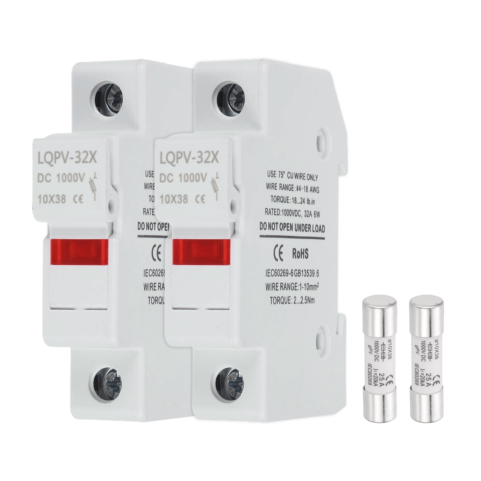 Din Rail Fuse Holder with 1 Core Block,10x38mm 4-18AWG Single Pole Solar/ Photovoltaic Fuse Holder DC 1000V 25A with Light Indicate for Solar PV Systems Battery Protect,Pack of 2