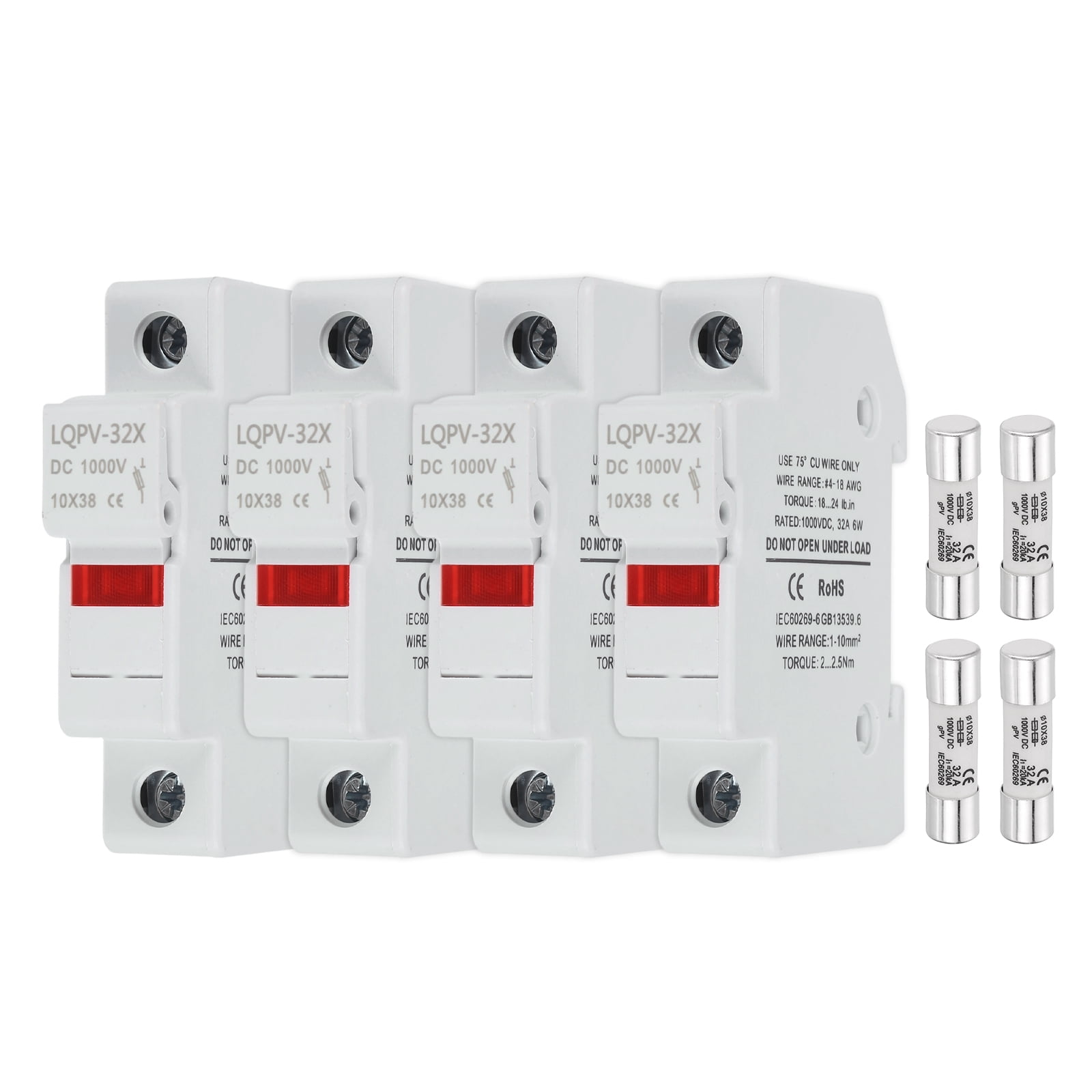 Din Rail Fuse Holder with 1 Core Block,10x38mm 4-18AWG Single Pole Solar/ Photovoltaic Fuse Holder DC 1000V 32A with Light Indicate for Solar PV Systems Battery Protect,Pack of 4