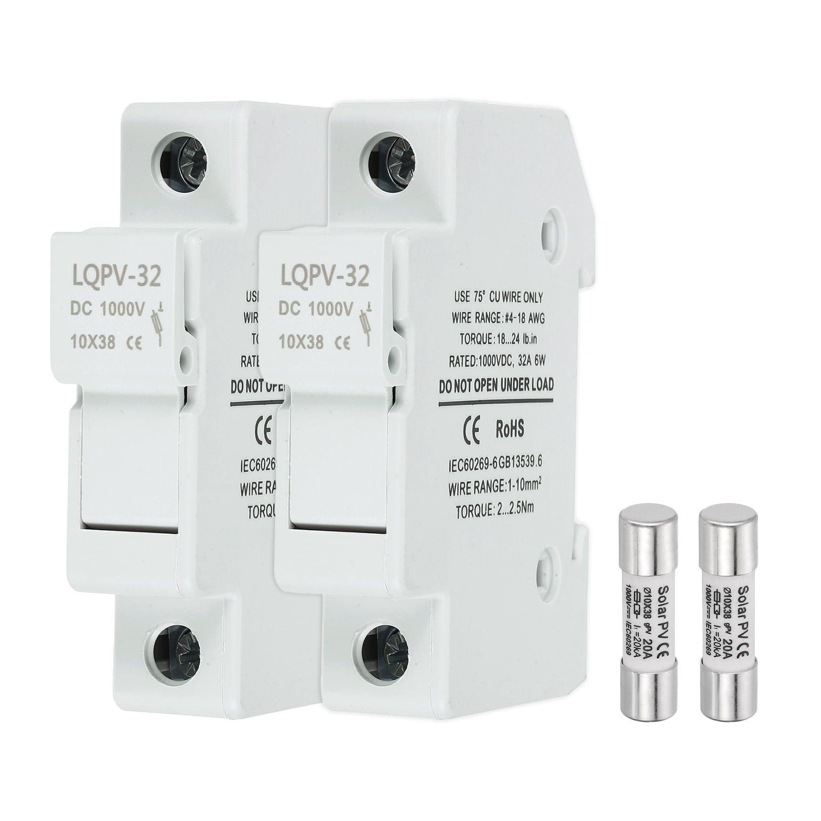 Din Rail Fuse Holder with 1 Core Block,10x38mm DC 1000V 20A Single Pole Solar/ Photovoltaic Fuse Holder 4-18AWG for Solar PV Systems Battery Protect,Pack of 2