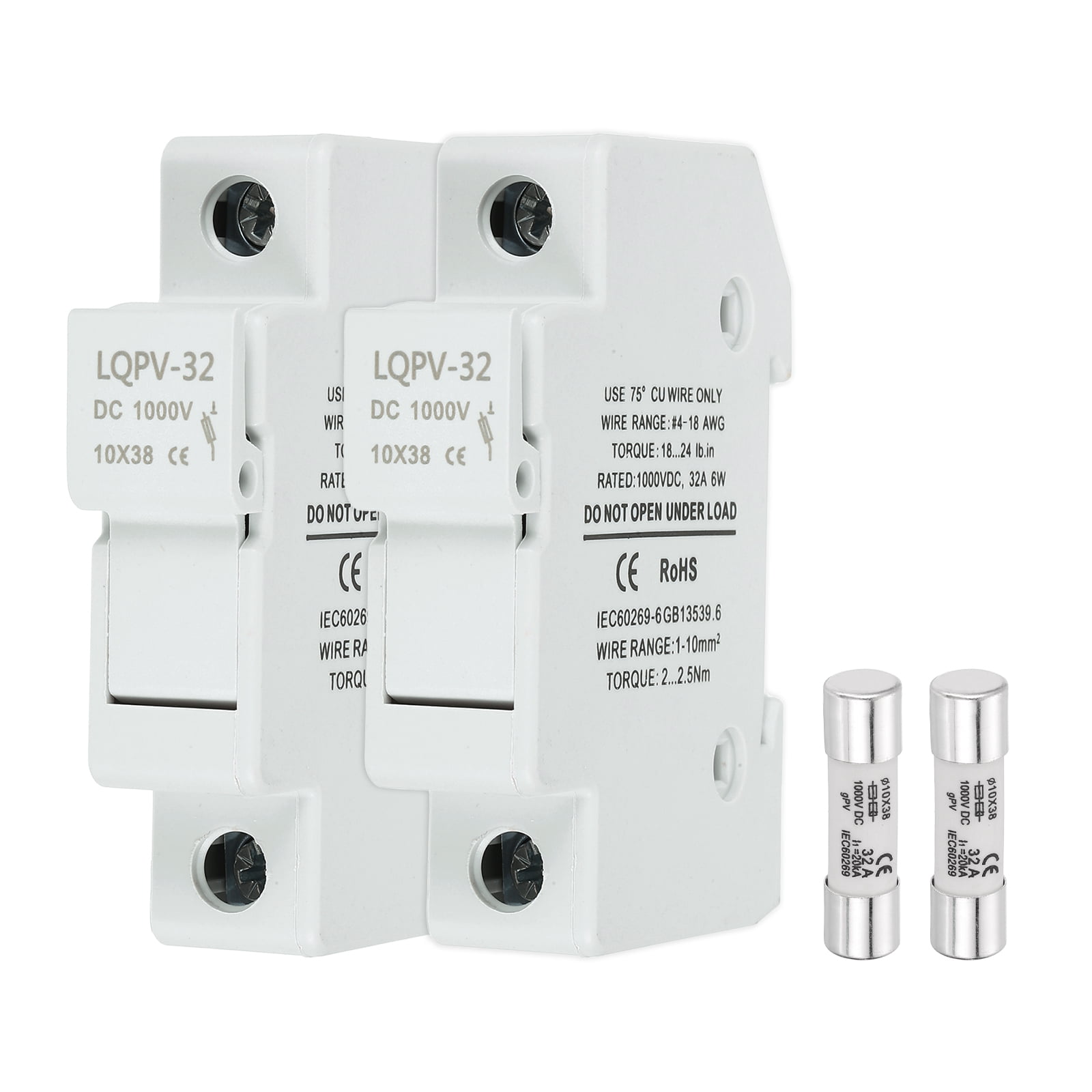Din Rail Fuse Holder with 1 Core Block,10x38mm DC 1000V 32A Single Pole Solar/ Photovoltaic Fuse Holder 4-18AWG for Solar PV Systems Battery Protect,Pack of 2