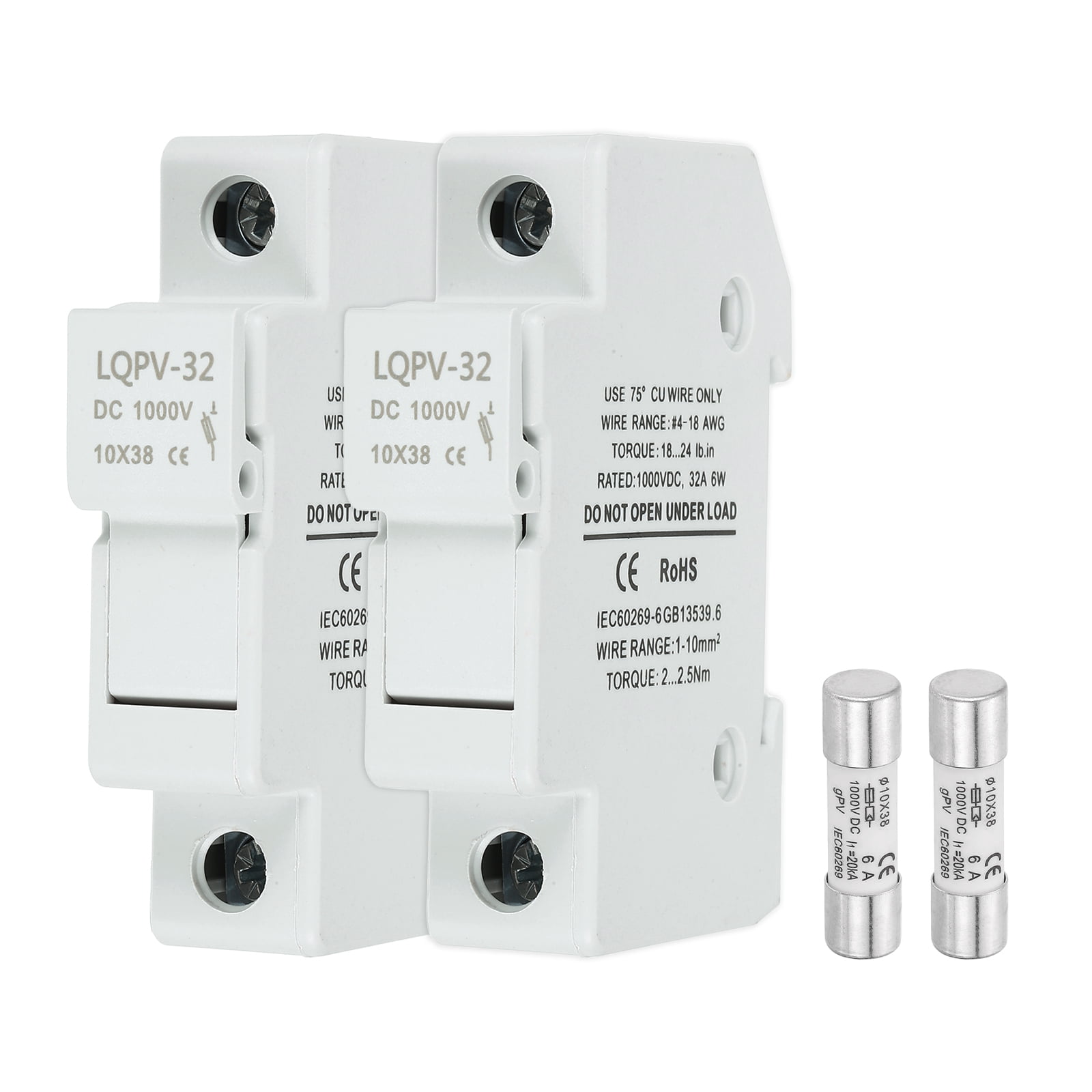 Din Rail Fuse Holder with 1 Core Block,10x38mm DC 1000V 6A Single Pole Solar/ Photovoltaic Fuse Holder 4-18AWG for Solar PV Systems Battery Protect,Pack of 2