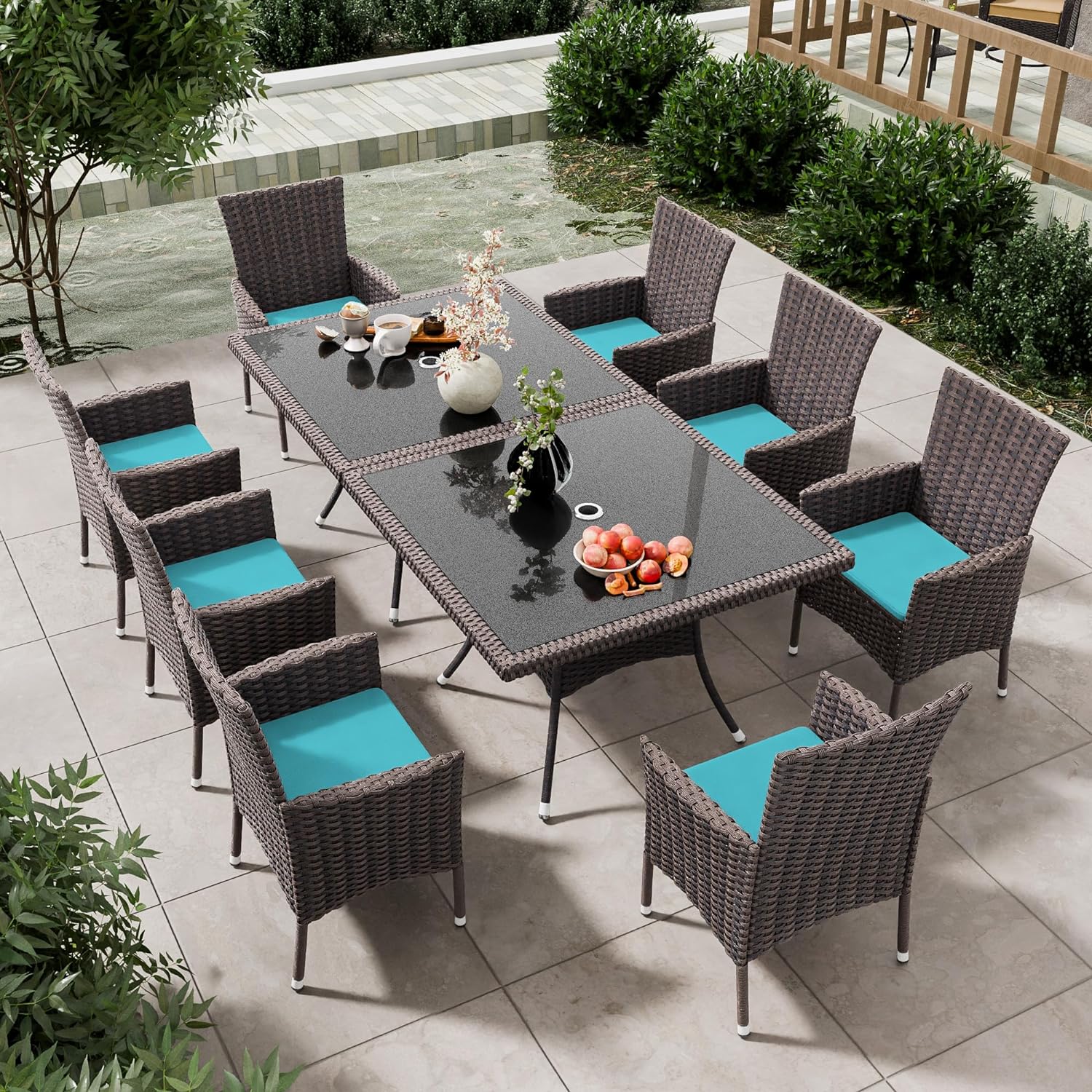 Dina 10 Pieces Dining Sets for 8 with Rattan Dining Set Chairs x8 and
