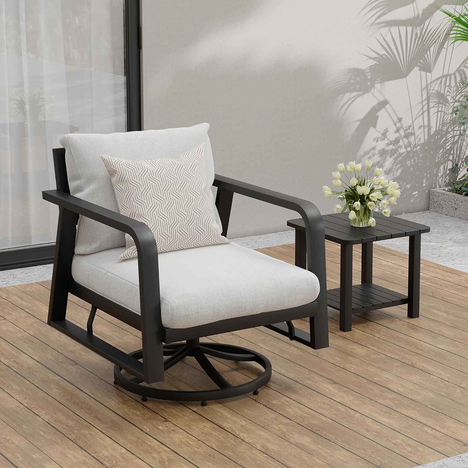 BABOOM Swivel Rocking Chairs Set 3-Piece Rattan Patio Conversation Set With Gray Cushions