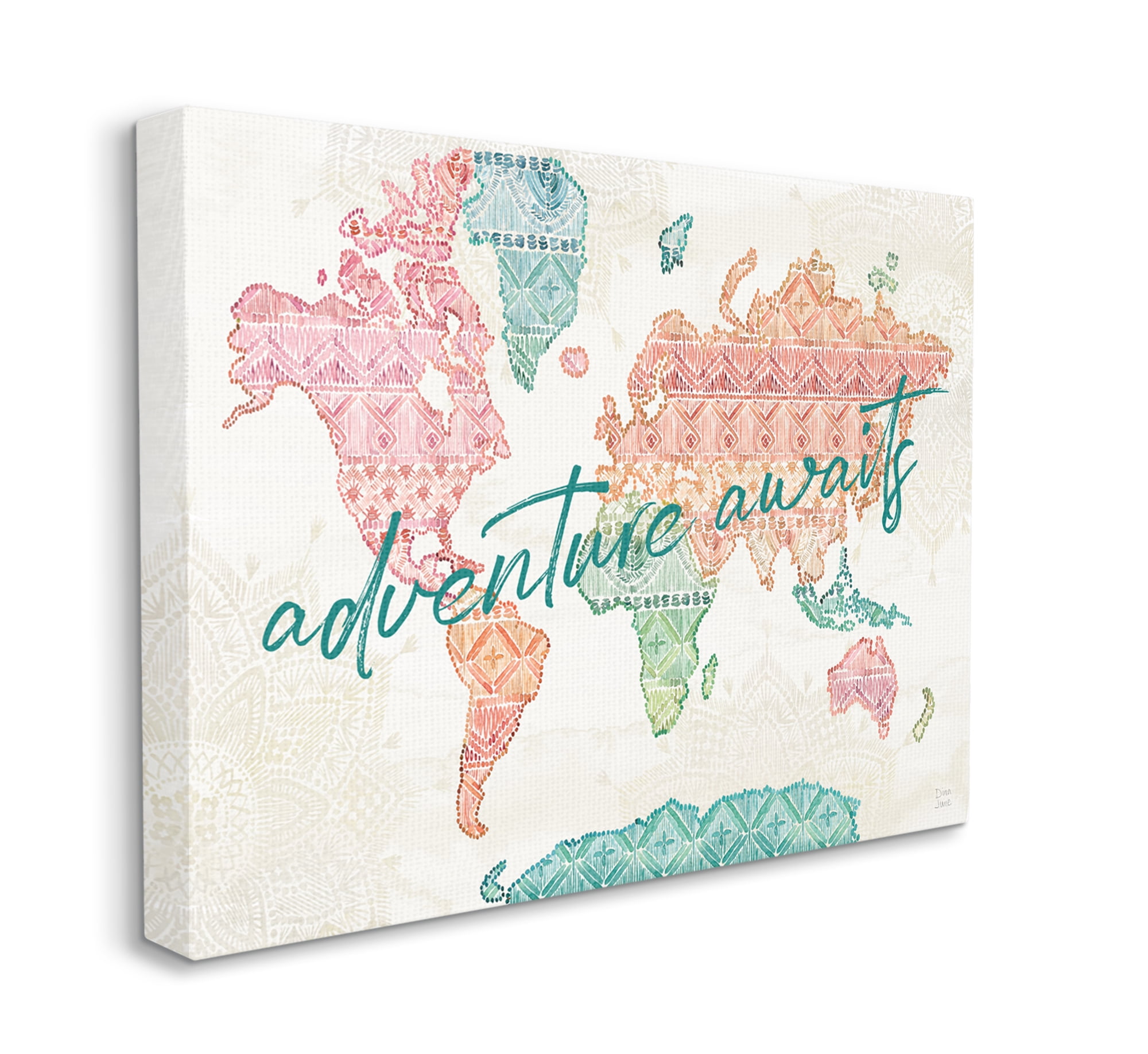 Stupell Industries Adventure Awaits Phrase Macrame Pattern World Map Canvas Wall Art, 36 x 48, Design by Dina June