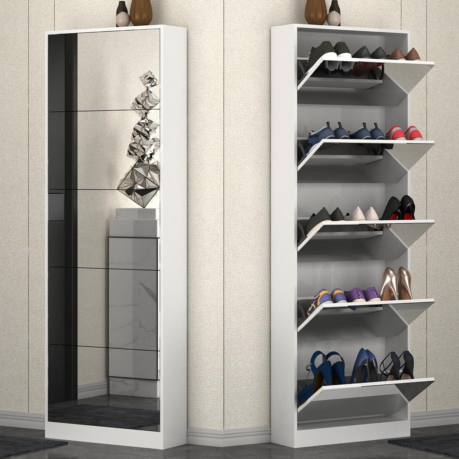 Dina Mirror Shoe Cabinet Hidden Shoe Storage Organizer with Filp Drawers door 5 Tier Free Standing Shoe Rack for Closet Entrance Walmart