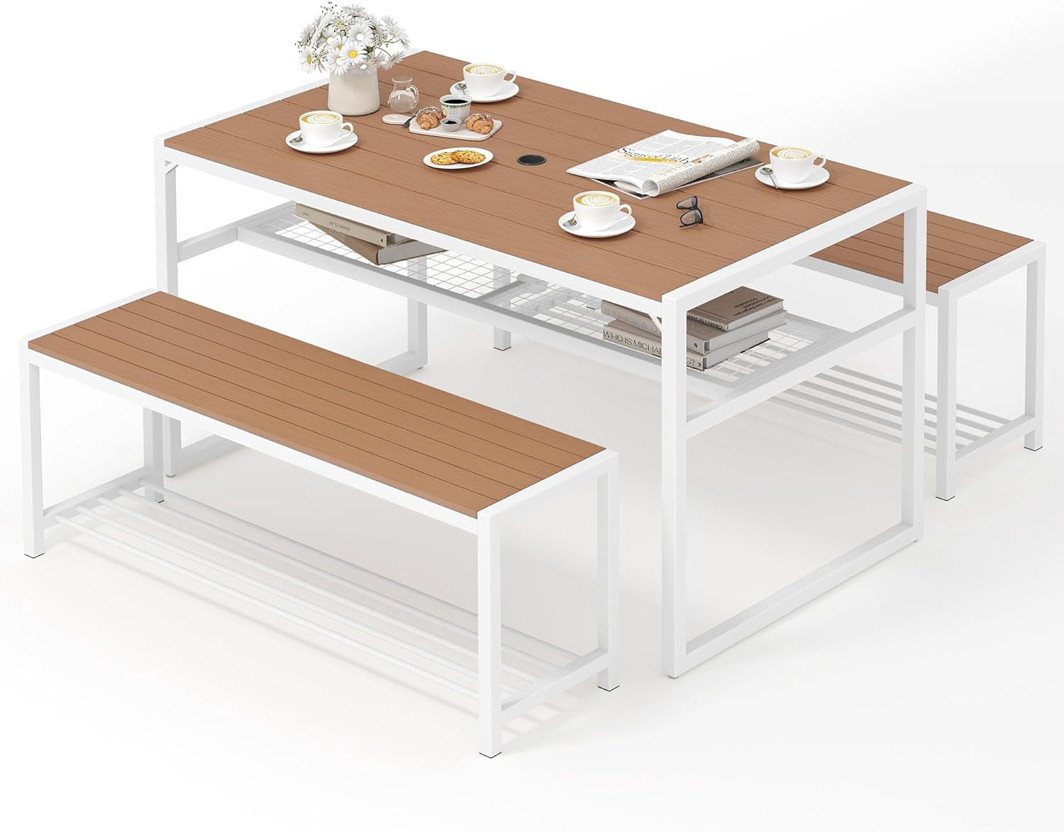Dina Patio Dining Table and Bench with Faux Wood Tabletop  Outdoor Dining Set for 4-6 People  All-Weather Picnic Conversation Set for Garden Backyard Poolside - White & Walnut
