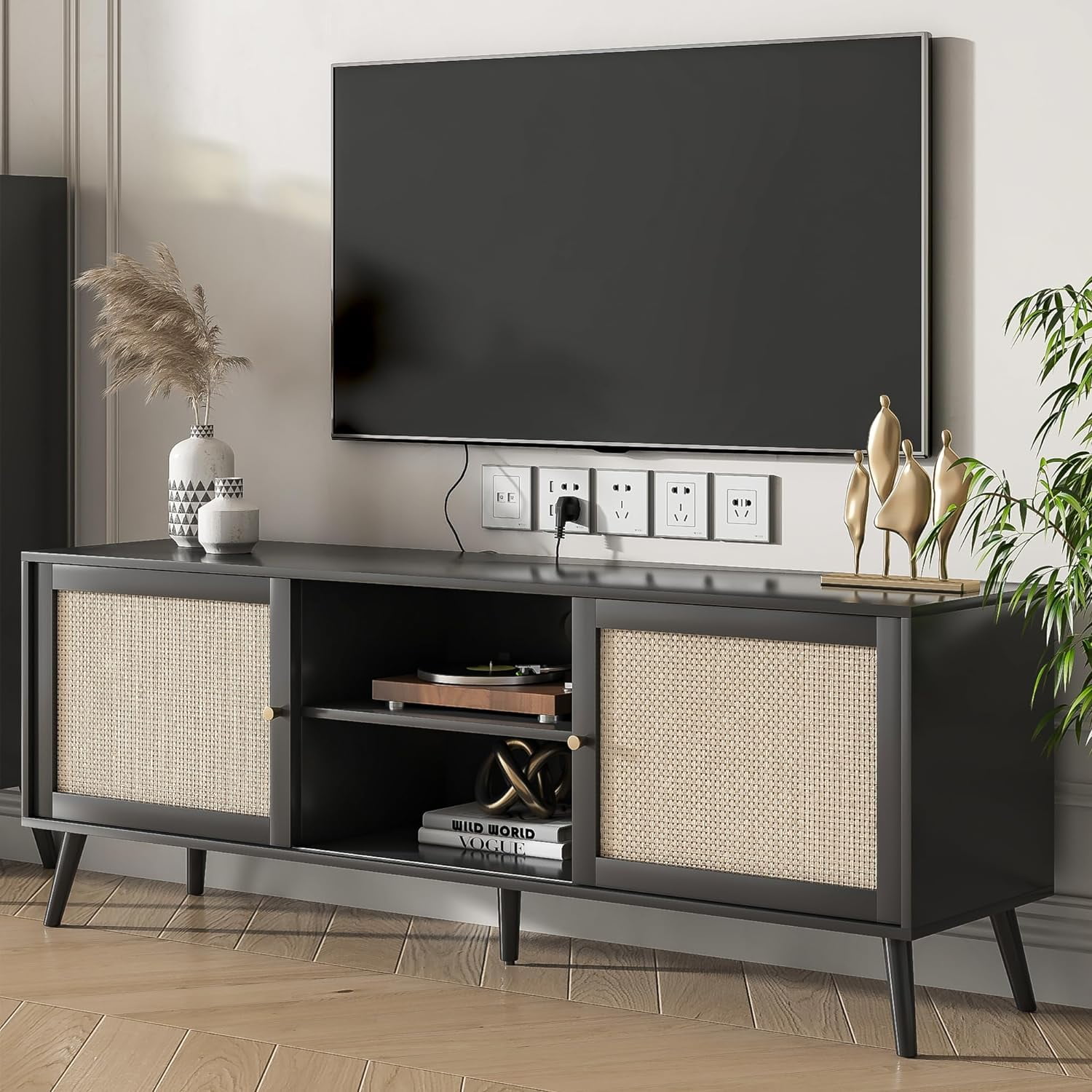 Dina Rattan Modern TV Stand for Televisions up to 75 Inches Mid Century Entertainment Center