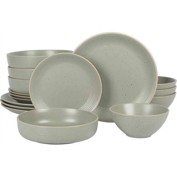 Dinah Double Bowl Stoneware Embossed Speckled Dinnerware Set - Sage Green, Service for Four (16pcs)