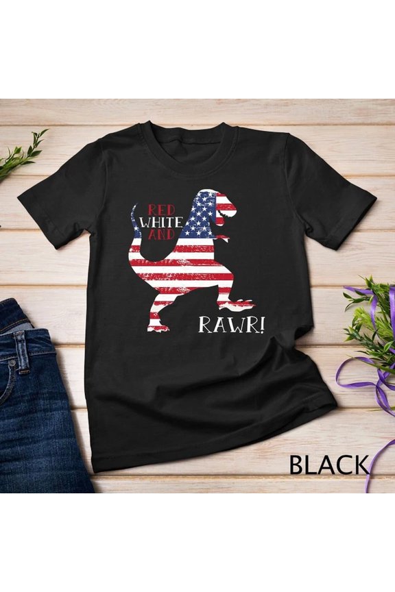 Dinasaur Rawr T Shirt, Red White American Flag Unisex S-5XL T-Shirt, Vintage Birthday Gift