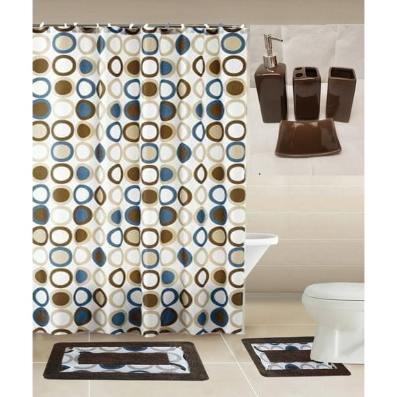 Dinasty brown Bathroom rug, mat non slip soft shaggy with shower curtain 12 hook and 4 pc matching ceramic accessories toothbrush holder, toothpaste holder, soap pump and soap dish