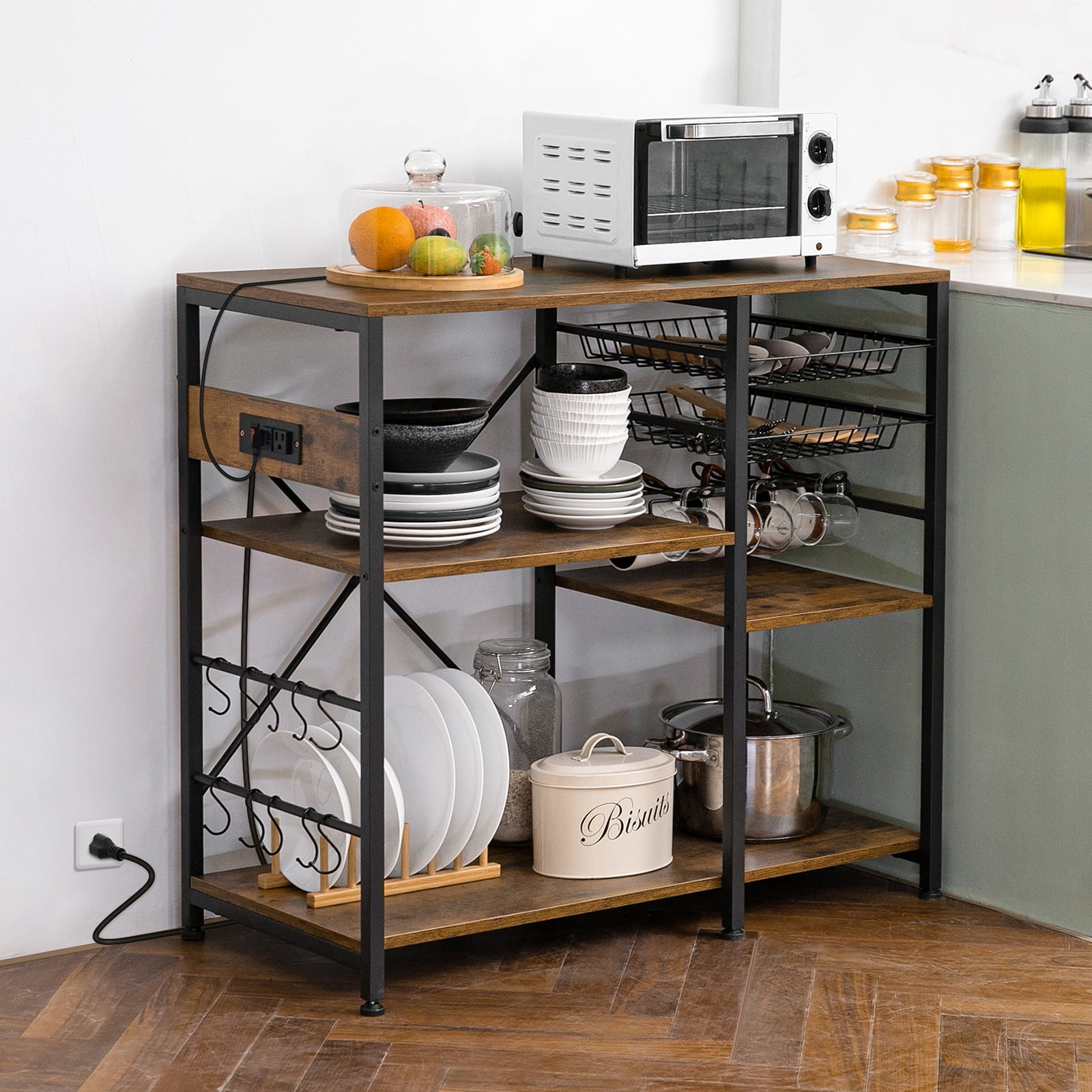 Dinaza Baker s Rack with Power Outlet 4 Tier Microwave Stand with