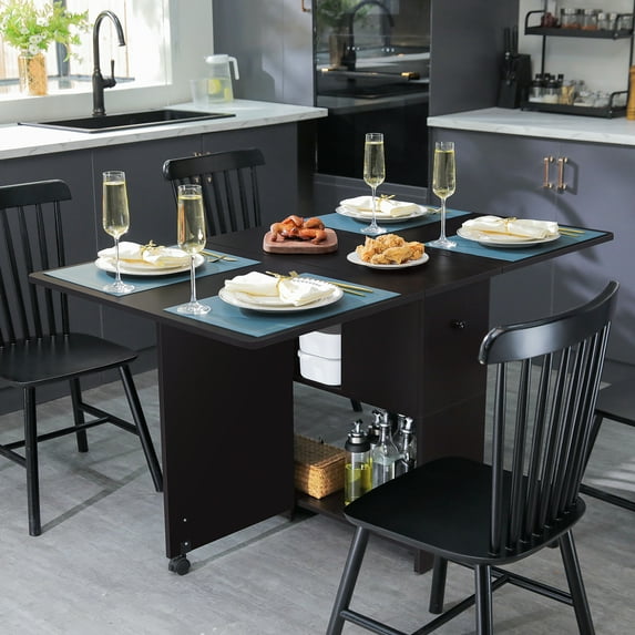 Dinaza Foldable Dining Table with 6 Wheels Kitchen Table with 2 Drawers and 2 Storage Racks Drop Leaf Dining Table for Kitchen Dining Room Bedroom Restaurant