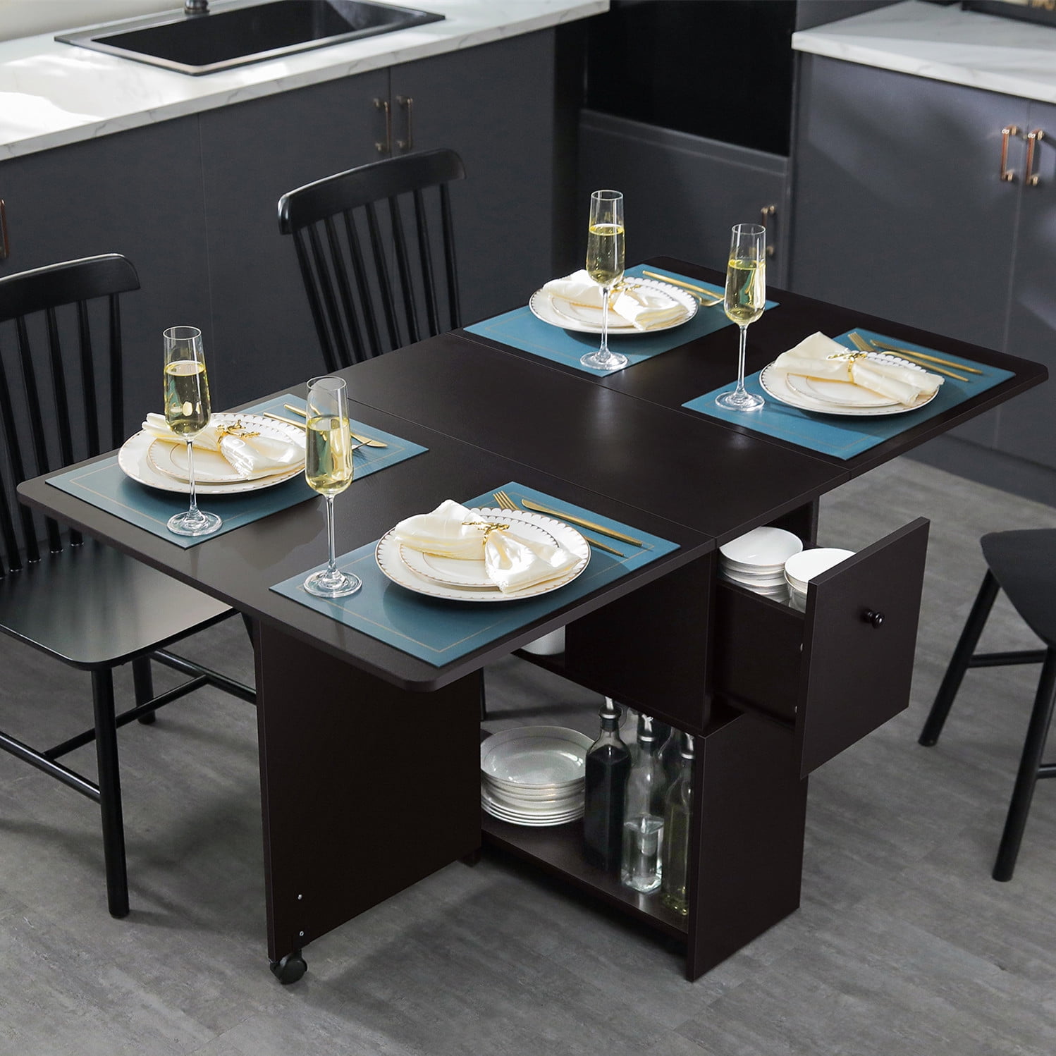 Dinaza Folding Dining Table Drop Leaf Kitchen Table with 2 Drawers