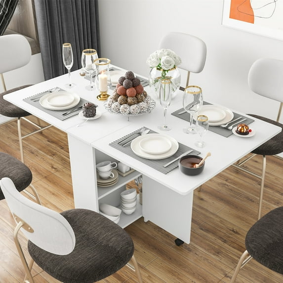 Dinaza Folding Dining Table Extendable Multifunction Table Save Space with 2 Storage Racks Movable Dinner Table with Wheels