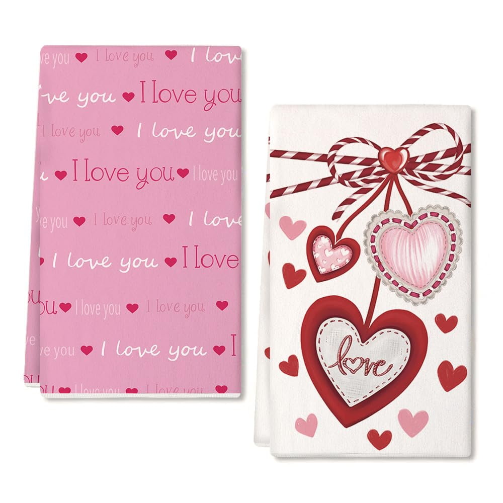 Siilues Valentine's Day Kitchen Towels Set Of 2 | 18x26 Inch Heart Pattern Dish Towels For Holiday Decor