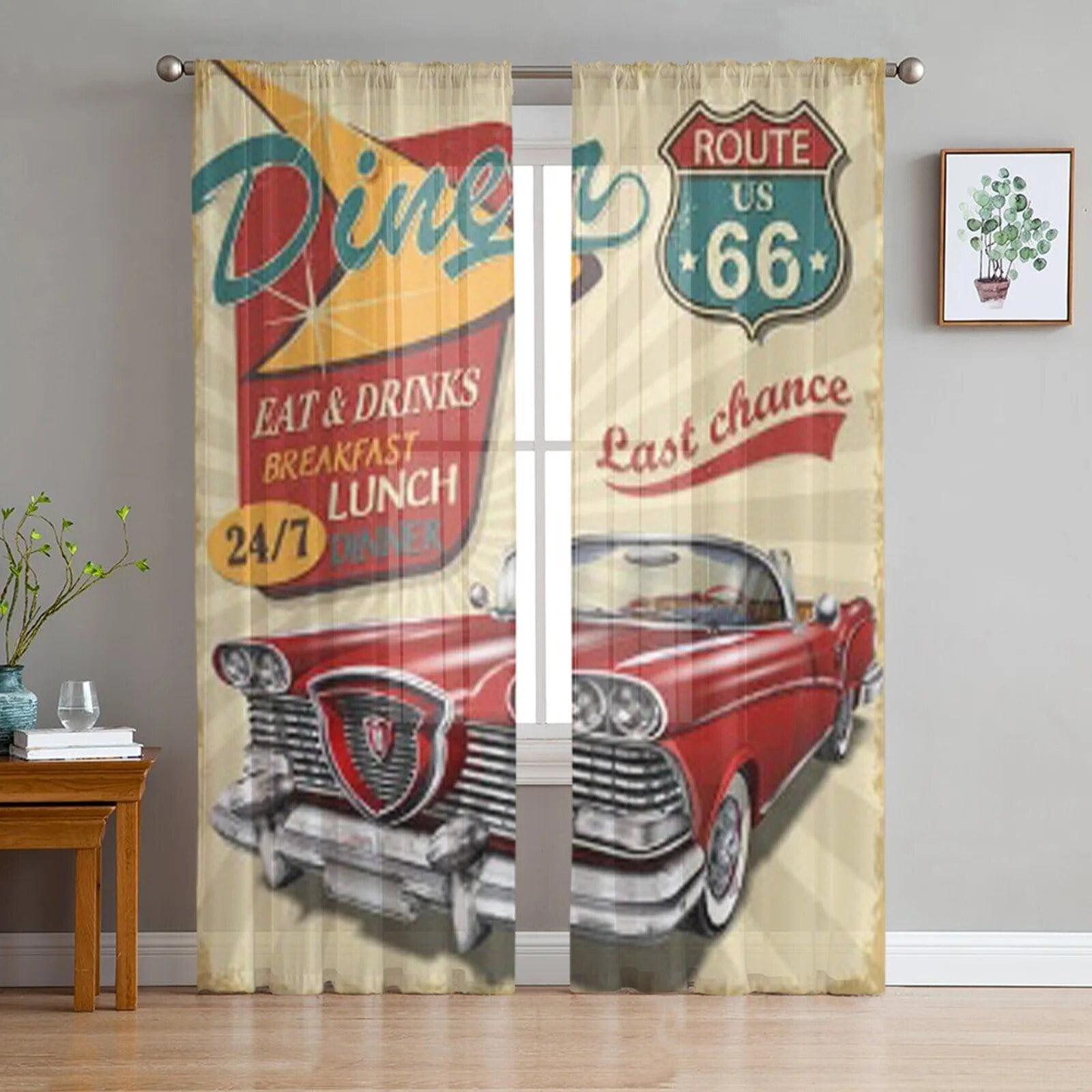 Diner Vintage Poster With Diner Sign And Retro Car Sheer Tulle Window ...