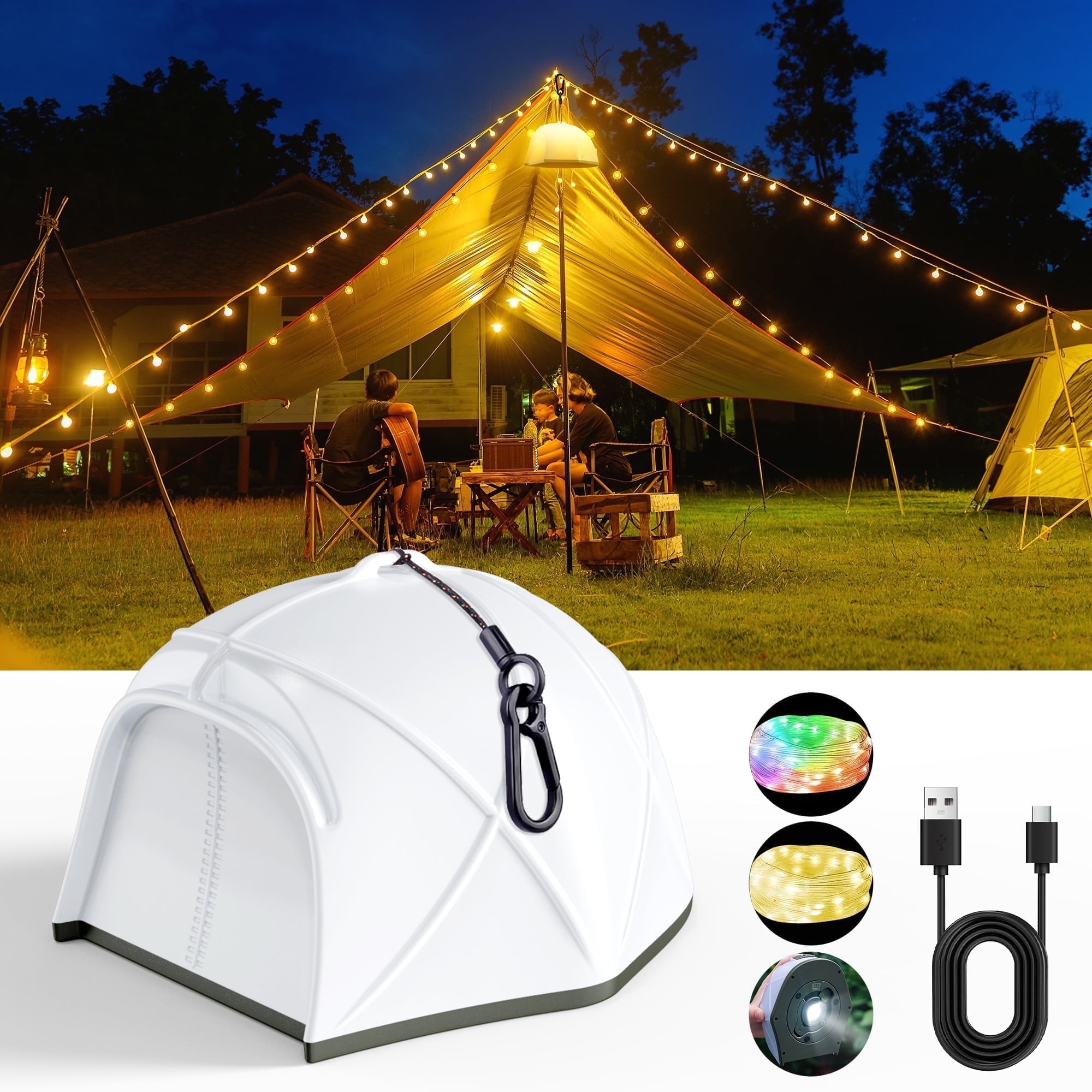 Dinfu 49FT 4-in-1 Waterproof Camping String Lights, 6 Modes for Tent, Patio, Backyard