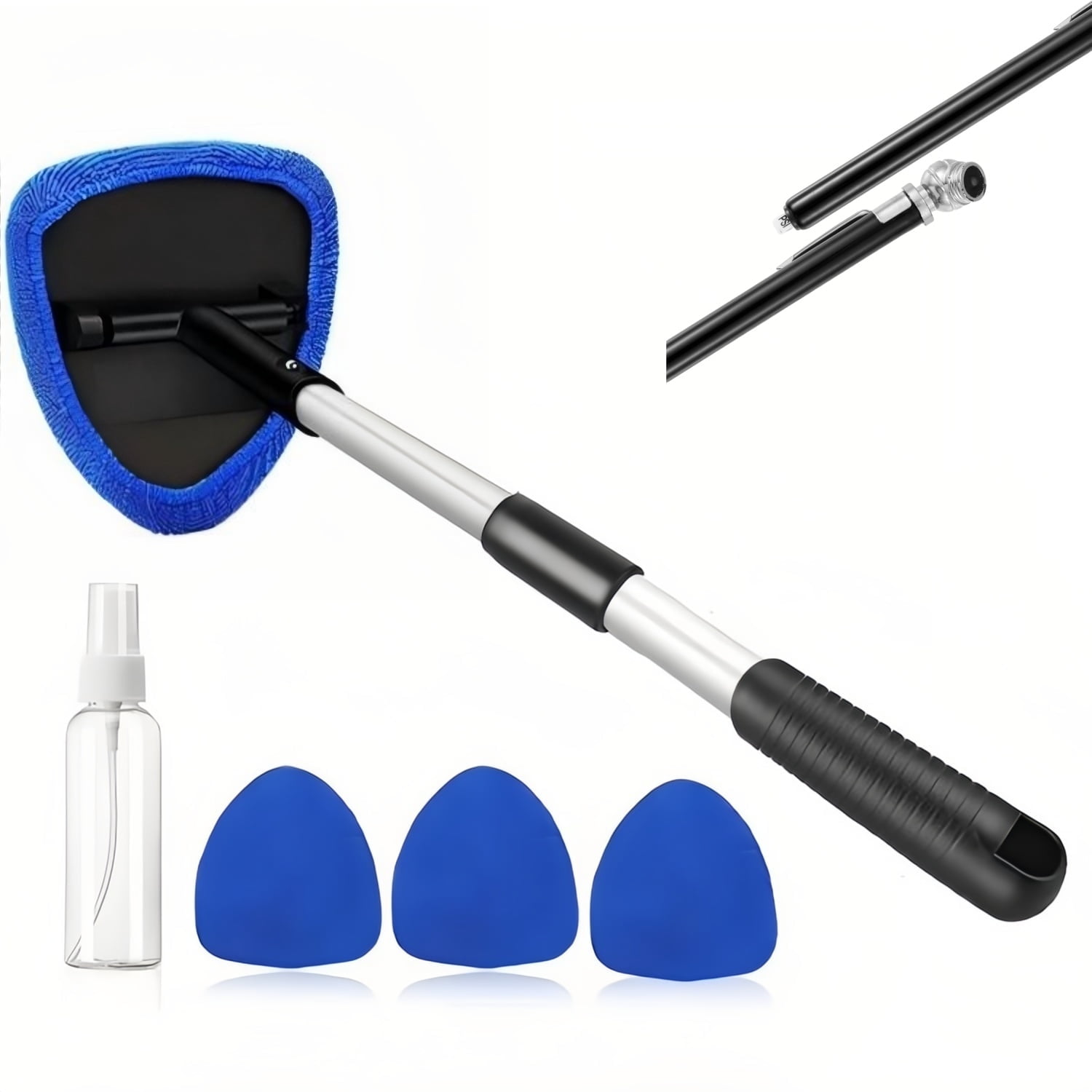 Dinfu 2-in-1 Car Wash Brush & Windshield Cleaner, Extendable Handle with 4 Microfiber Pads & Tire Gauge, Fits SUV/Truck/Sedan