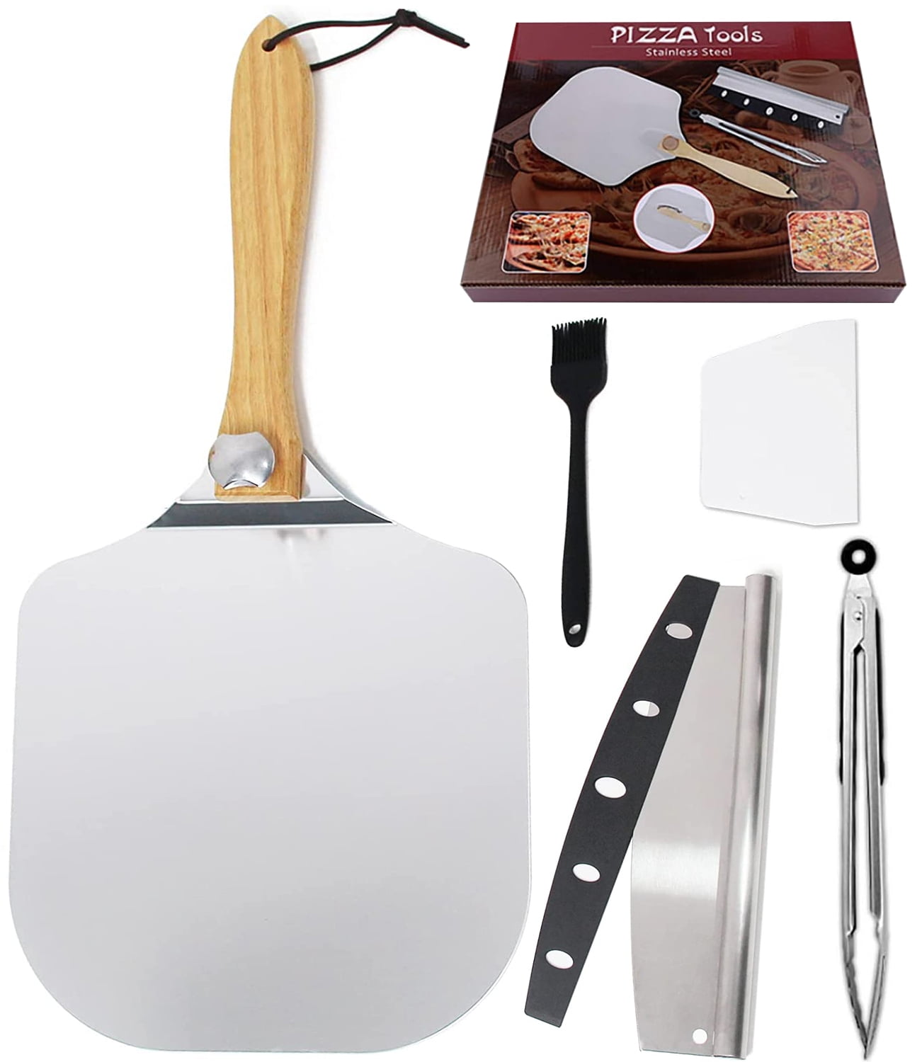 Dinfu Pizza Peel Set, 12"x14" Foldable Aluminum with Pizza Cutter, Basting Brush, Dough Scraper and Serving Tong for  Home & Outdoor Ovens