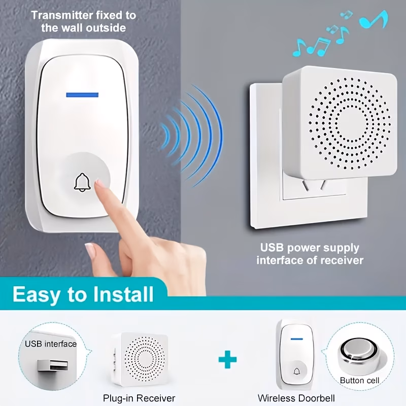 DingDong Smart Doorbell 38 Ringtones 3 Volumes Self-Adhesive Drill Mount USB Charging Button Transmitter No Setup