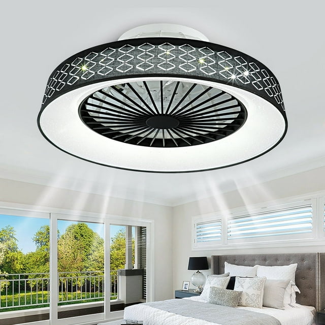 FanhSbrocade 18" Black Flush Mount Ceiling Fan Modern Ceiling Fan Remote Control French Country LED Lighting Indoor Ceiling Fan Light for Living Room Bedroom Dining Kitchen