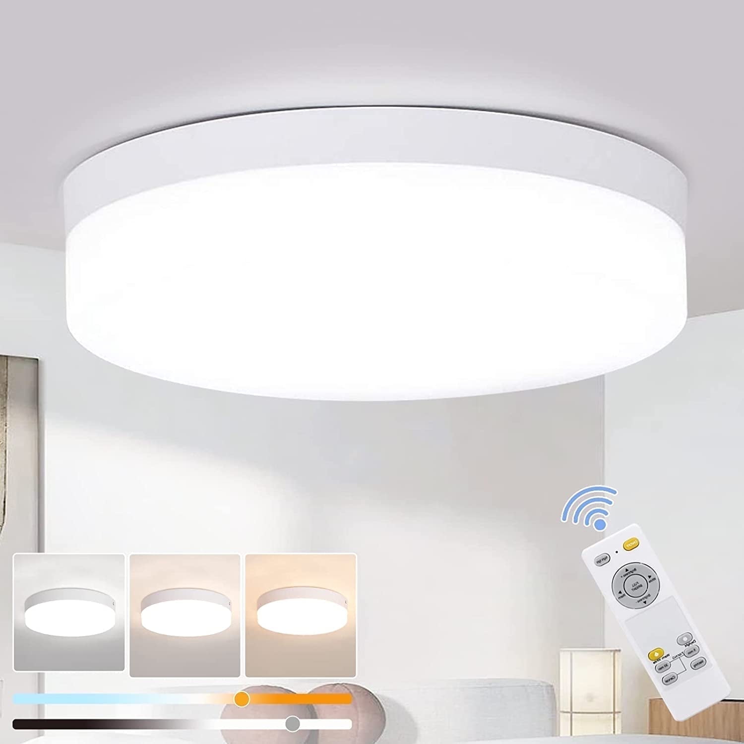 DingLiLighting 8.66 Dimmable LED Flush Mount Ceiling Light Fixture with Remote Modern Ceiling Lights IP44 for Bedroom Kitchen Dining Hallway Entry, Color Changeable,24W