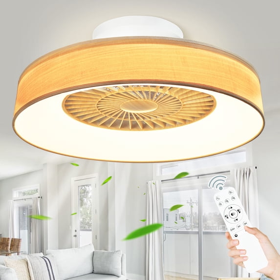 DingLiLighting 25" LED Ceiling Fan with Light and Remote, Wood Grain Mount Ceiling Fan,Modern Bladeless Ceiling Fan Low Profile Ceiling Fan Flush Mount