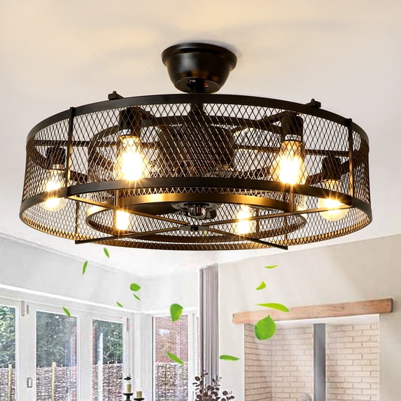 DingLiLighting 26" Farmhouse Ceiling Fan with 6 Lights Industrial Cage Ceiling Fan with Remote Indoor Outdoor Ceiling Fan Matte Black Flush Mount Ceiling Fan Lights for Living Room Kitchen