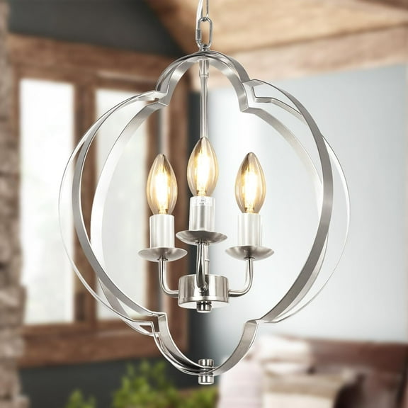 DingLiLighting 3 Light Chandelier Ceiling Light Farmhouse Pendant Light Metal Frame Pendant Light for Living Room,Kitchen, Bedroom,Entry, Silver
