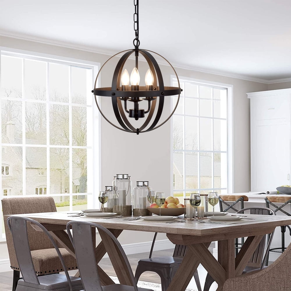 DingLiLighting 3-Light Industrial Globe Pendant Lighting Fixture, Flexible Chandelier Hanging, Rustic Flush Mount Pendant Lamp, E12 Base Golden