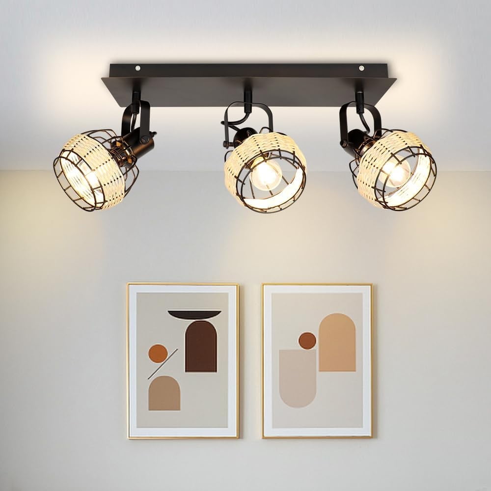 DingLiLighting 3 Light LED Track Ceiling Spotlight Rattan Caged Track Ceiling Light for Kitchen Island Wall Flush Mount Ceiling Light Adjustable for Bedroom Hallway Entryway Balcony Porch