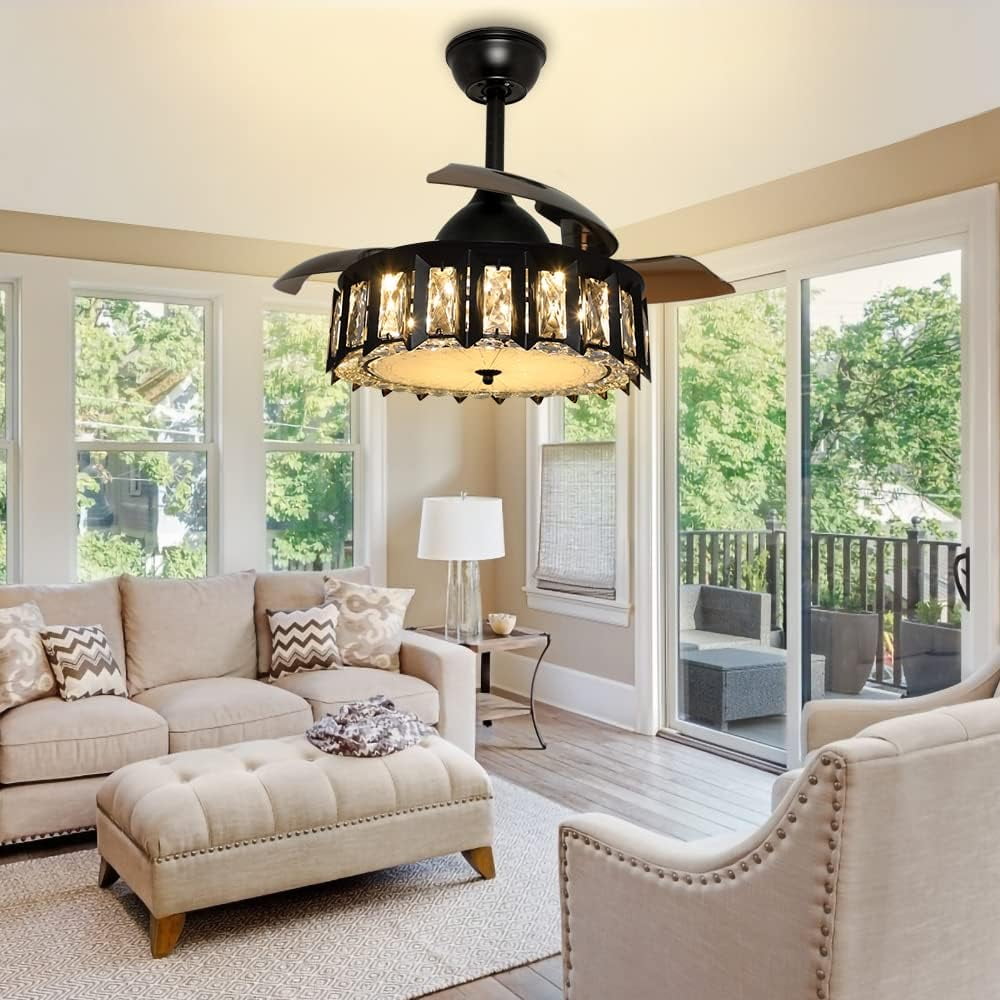 Free Shipping! DingLiLighting 36‚Äú LED Crystal Ceiling Fan with Remote  Black Industrial Ceiling Fan Light French Country Style Retractable Blades  Adjustable for Living Room Kitchen Office - Walmart Business Supplies, image size:1000x1000