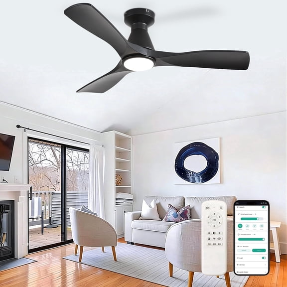DingLiLighting 42-Inch Ceiling Fan with Lights: Black Flush Mount Ceiling Fan with Remote APP Control - Low Profile 3-Blade Fans for Indoor Outdoor 24W 3CCT Dimmable Timer DC Motor
