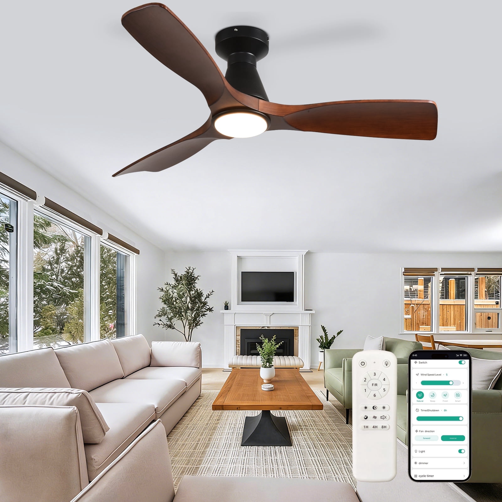 DingLiLighting 42-Inch Ceiling Fan with Lights: Walnut Flush Mount Ceiling Fan with Remote APP Control - Low Profile 3-Blade Fans for Indoor Outdoor 24W 3CCT Dimmable Timer DC Motor