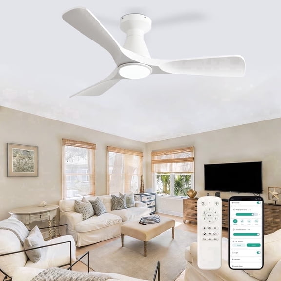 DingLiLighting 42-Inch Ceiling Fan with Lights: White Flush Mount Ceiling Fan with Remote APP Control - Low Profile 3-Blade Fans for Indoor Outdoor 24W 3CCT Dimmable Timer DC Motor
